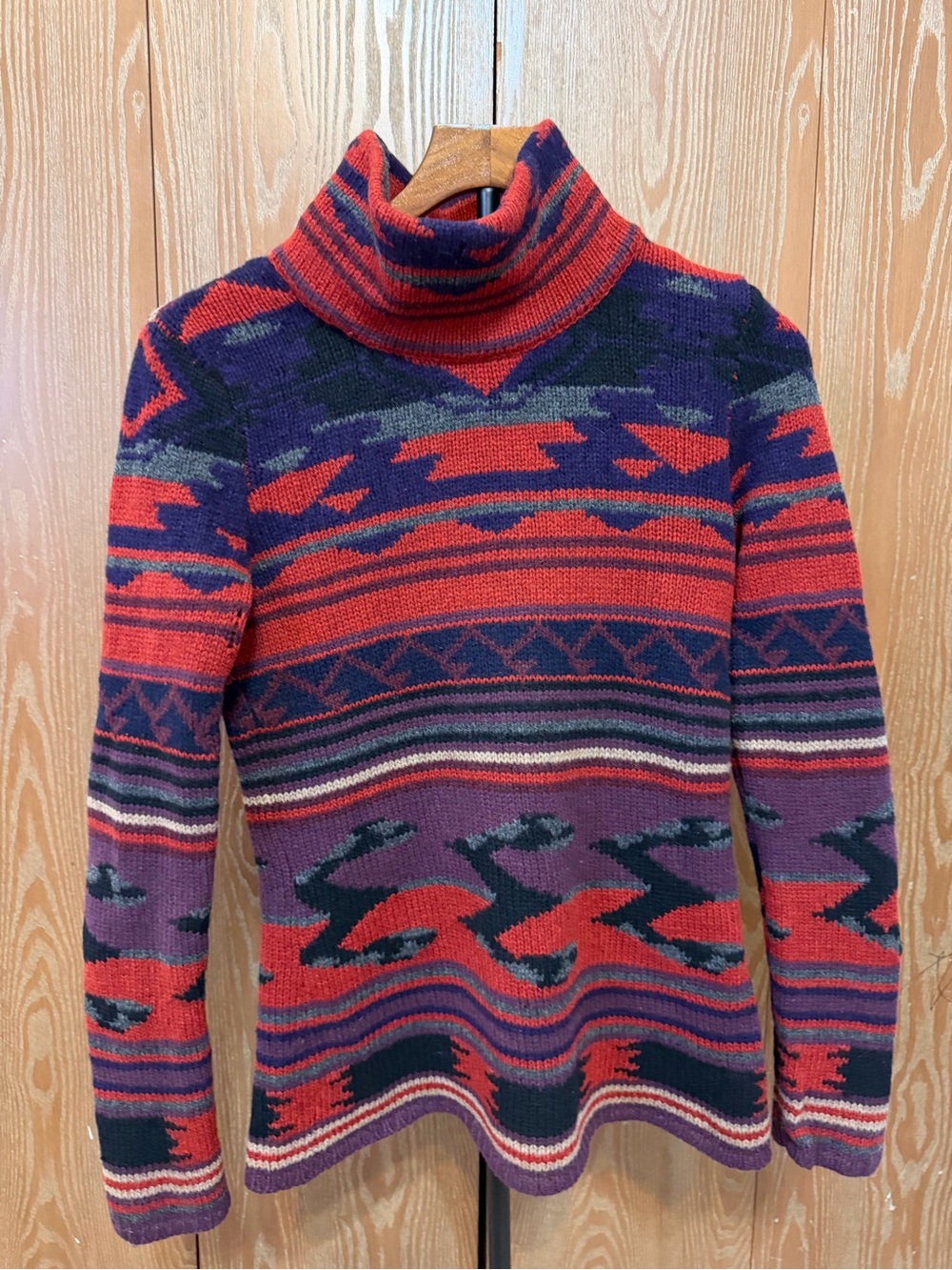 Ralph Lauren Vtg rare hand knit Red, Purple & Navy Patterned Turtleneck Sweater